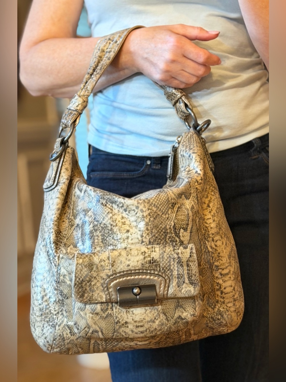Coach Boho 2010s Kristin Python-Embossed Leather Hobo Bag